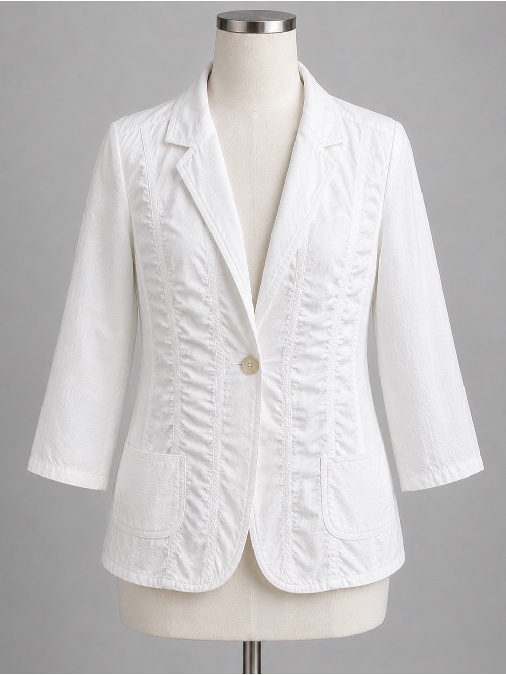 100% Linen Chico’s White Blazer Jacket 3/4 Sleeve One Button Women’s 2 (14/16)